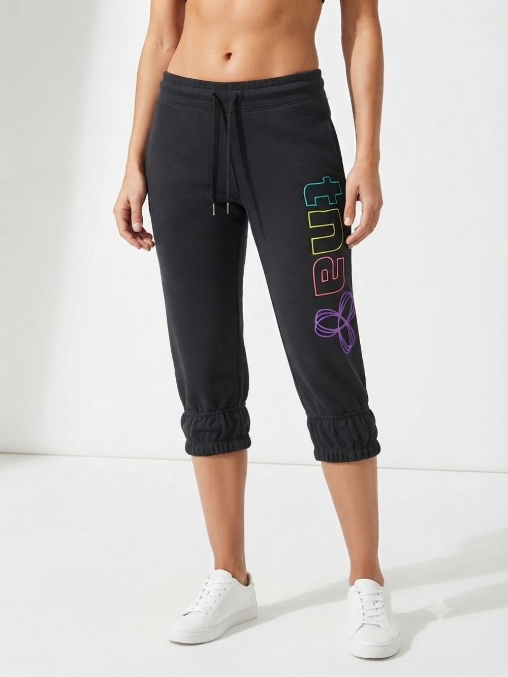 TNA Black Cropped Sweat Capris with Rainbow Logo Size Med